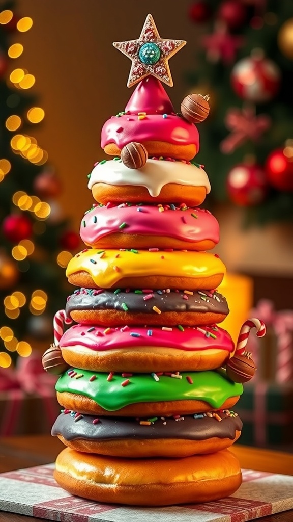 A colorful donut Christmas tree decorated with icing and candy canes, set in a festive holiday atmosphere.